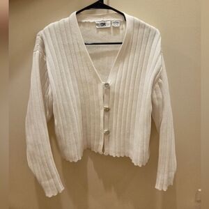 Women's White Ribbed Cotton Cardigan Sweater